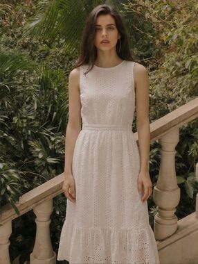 J. Crew Womens White Lace Teird Eyelet Midi Dress SZ 4 Coastal Preppy